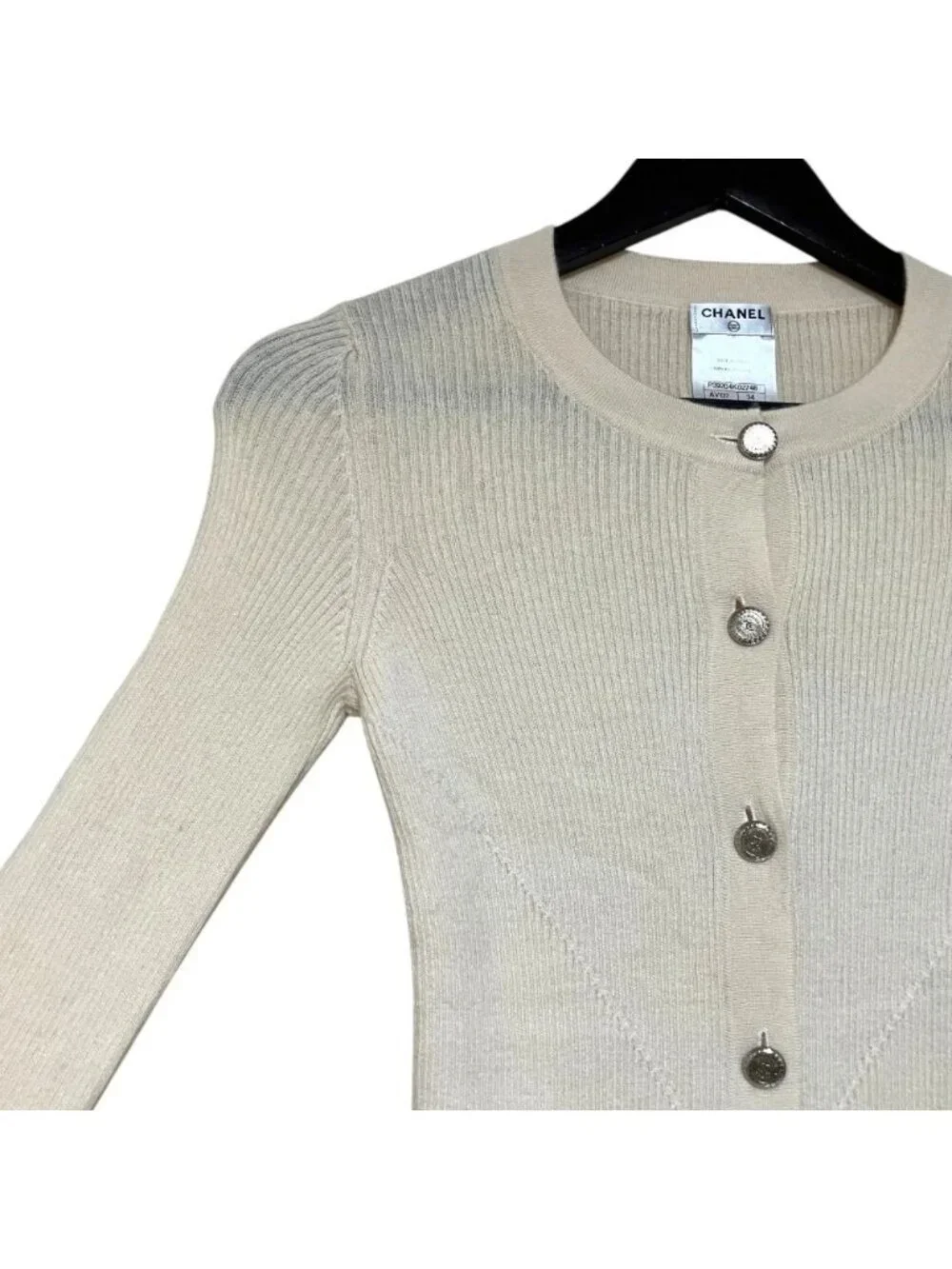 Chanel CC Logo Button Long Sleeve Cashmere Rib Knit Cardigan 34 Ivory